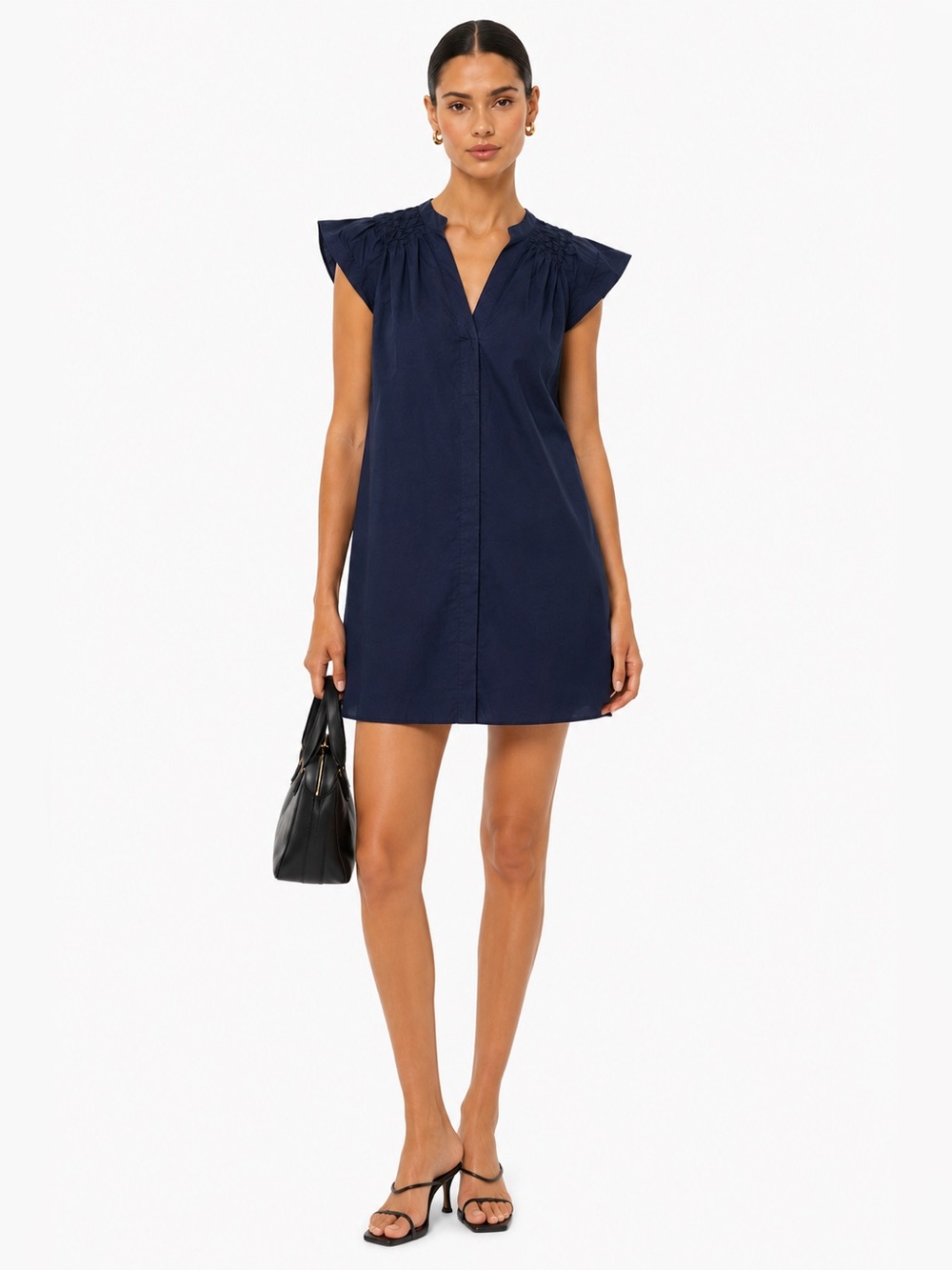 COS Navy Poplin Flutter Sleeve dress | V-Neck | Size US 10 | Minimalist Cotton